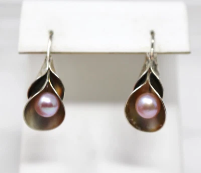 PENDIENTES colgantes vintage de plata esterlina con perlas de cala lirio perforado bandera firmada Foto 1 de 4