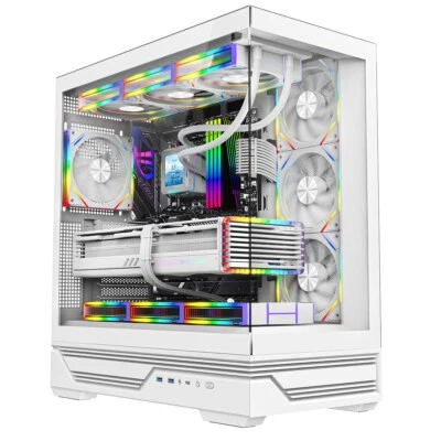White ATX Gaming PC Case Full Tempered Glass Panels 4 Infinity PWM ARGB LED Fans - Image 1 of 4