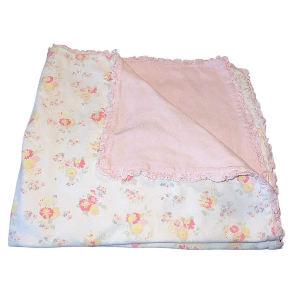 Manta bebé vintage Baby Gap 2004 rosa blanco amarillo verde algodón con volantes florales Foto 1 de 4