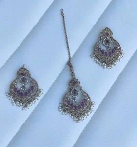 Indian pakistani purple mehdi polish Kundan polki tikka Earring Jewelry Set - Picture 1 of 4