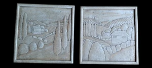 TWO Vtg 3D Plaque Resin Tuscan Countryside Rolling Hills Wall Art ~9-3/4" square - Picture 1 of 7