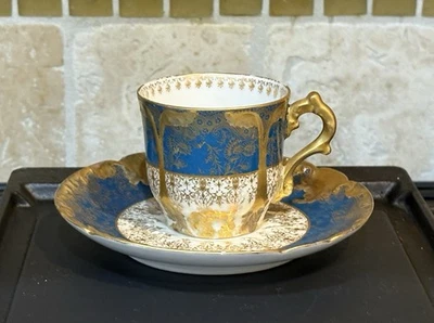 GDA Limoges Demitasse Cup & Saucer Set Blue & Gold France - Image 1 of 4