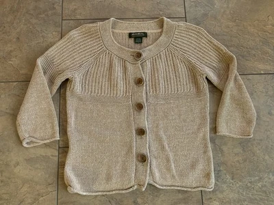 Cárdigan Suéter EDDIE BAUER Costero Mezcla Lino Beige Pequeño Botones Madera Foto 1 de 4