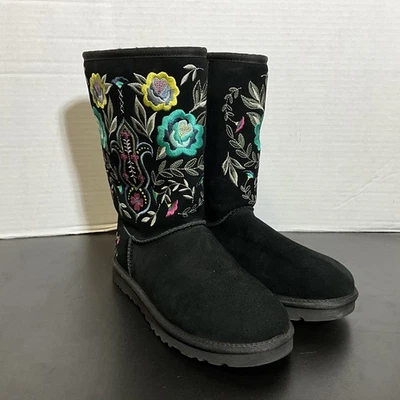 NUEVO UGG Australia Juliette Floral Bordado Negro Gamuza Mujer Talla 7 VintageY2K Foto 1 de 4
