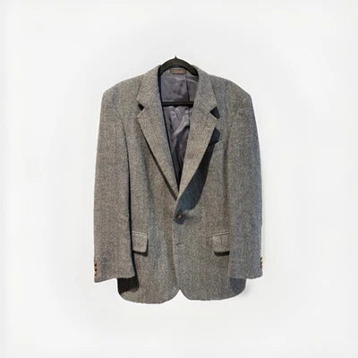 Blazer English Manor Azul y Gris con Botones de Cuero Marrón Talla 44R 100% Lana Foto 1 de 4