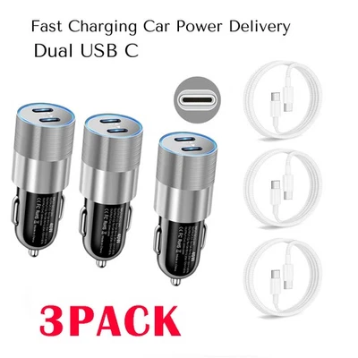 3 Set 40W Fast Car Charger Adapter Type C Cable Braided For iPhone / Samsung NEW - Image 1 of 4