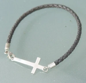 MARSALA Signed Sterling Silver 925 Leather Cord Bracelet w/ Cross Charm 7.25" - Picture 1 of 3