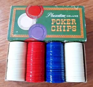 1963 Pleasantime Deluxe Box mit 100 Kunststoff Pokerchips blau rot weiß #1923 - Bild 1 von 8