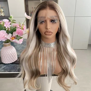 20" Ash Platinum Blonde Wig Ombre Highlight Platinum 13x4 Lace Front Wigs - Picture 1 of 6