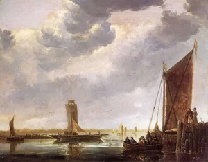 Oil painting aelbert cuyp - the ferry boat At the port sail boats hand painted - Picture 1 of 1