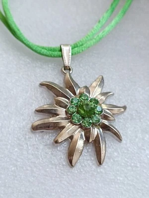 Halskette Modekette Bänderkette Trachtenkette Anhänger Edelweiß Grün Modeschmuck - Bild 1 von 4