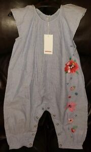 NWT Catimini Blue /White Striped Floral Embroidered One Piece 12 Months