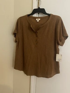 A.n.a T-Shirt Womens NWT XL Brown Henley Short Sleeve Casual Ribbed Knit Tee - Picture 1 of 4