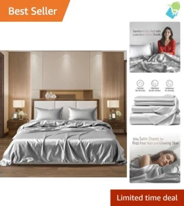 Indulge in Breathable Grey Silk Satin Sheets King - Hypoallergenic Bedding - Picture 1 of 9