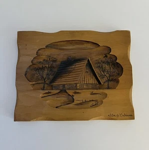 Hand Carved Wooden Cabin Scene Wood Carving Home Plaque Audet Art Decoration - Picture 1 of 5