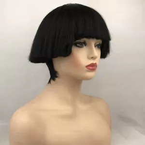Cabeza de hongo grande negro, pelo corto, sombrero de paja, peluca sintética de flequillo recto - Imagen 1 de 7