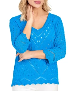 NWT Joseph A. Blue Pointelle 3/4 Sleeve Scalloped Hem Sweater Size XL Retail $68 - Picture 1 of 11