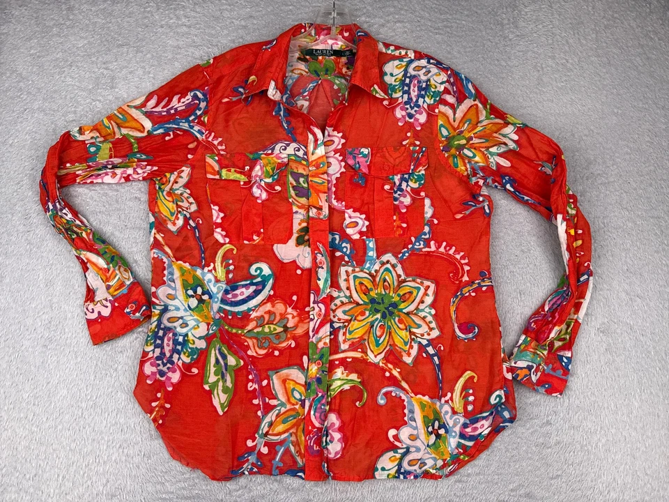 Camisa Lauren Ralph Lauren Mujer Grande Roja Floral Mezcla Seda Mangas Largas Abotonada Foto 1 de 4