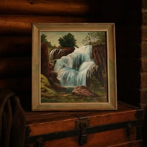 Vintage O. Stelzer Waterfall Oil Painting 20x24 Framed Rustic Landscape Art - Picture 1 of 10