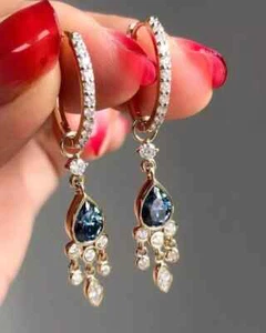 2Ct Pear Cut Lab-Created Alexandrite Drop Dangle Earrings 14K Yellow Gold Plated - Picture 1 of 5