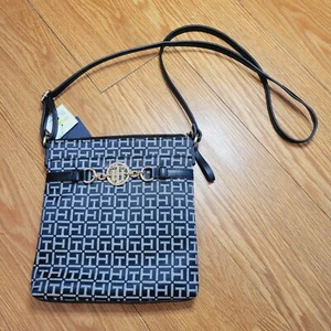 Tommy Hilfiger Monogram Crossbody Purse Handtasche schwarz goldfarben verstellbarer Riemen - Bild 1 von 9
