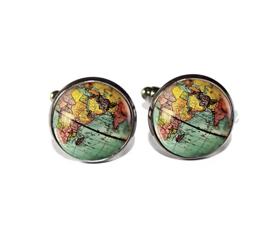 World Globe Earth Vintage Style Handmade Cuff Links Round Glass Cufflinks Him - Image 1 of 3