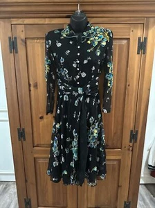 40s Black Rayon Printed & Hand Painted Beaded & Sequined Shirtwaist Dress XS - Picture 1 of 22