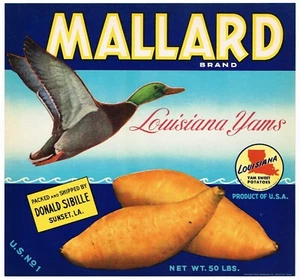 ORIGINAL YAM CRATE ETIQUETA PUESTA DE SOL LOUISIANA C1950 DE COLECCIÓN ESCASO PATO ÁNADE - Imagen 1 de 1