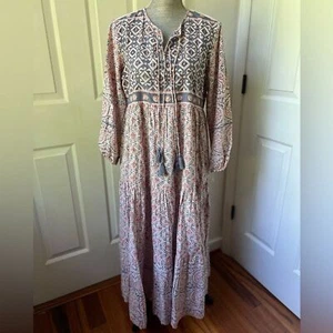 Sohana Elsa Midi Dress 100% Cotton Boho Geometric Western Tassels Womens Lg - Picture 1 of 5