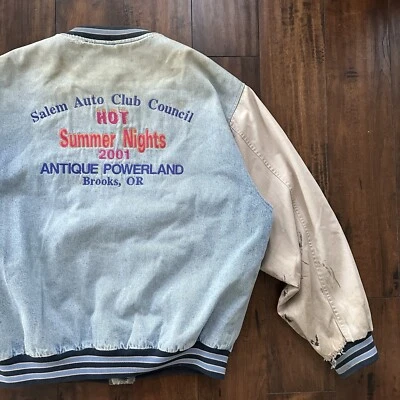 Jaqueta jeans Varsity vintage Oregon anos 90 bombardeiro Salem autografada NASCAR Racing Thrashed - Imagem 1 de 4