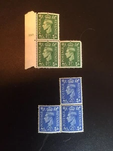 3er Block GB KGVI 1 1/2d grün & 3er Block Georg VI 2 1/2 blau postfrisch ohne Scharnier - Bild 1 von 2