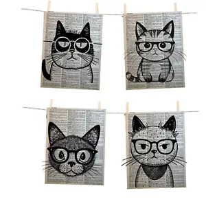 Cats With Glasses Black And White Illustration Dictionary Prints Wall Art (4) - Picture 1 of 6