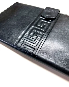GIANNI VERSACE VINTAGE '90s GREEK KEY LEATHER LARGE WALLET BIFOLD ITALY BLACK - Picture 1 of 21
