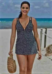NWT Trimshaper Black White Polka Dots V Neck Strappy Swimdress Swimsuit Size 12 - Picture 1 of 3