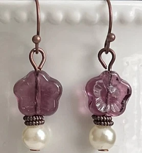 Purple and Copper Flower and Pearl Dangle Earrings. Bloom - Picture 1 of 3