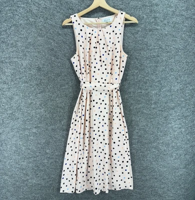 Elle Dress Women 10 Pink Polka Dot Sheath Midi Zipper Belted Sleeveless Lined - Image 1 of 4