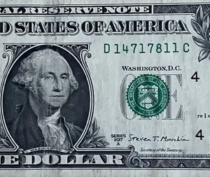 One Dollar Bill - 4 Numbers in the Serial Number- D 14717811 C - Series 2017 A - Picture 1 of 3
