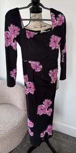 Vestido Wayf Mujer Pequeño Negro Rosa Estampado Floral Cuello Cuadrado Midi Abertura - Imagen 1 de 9