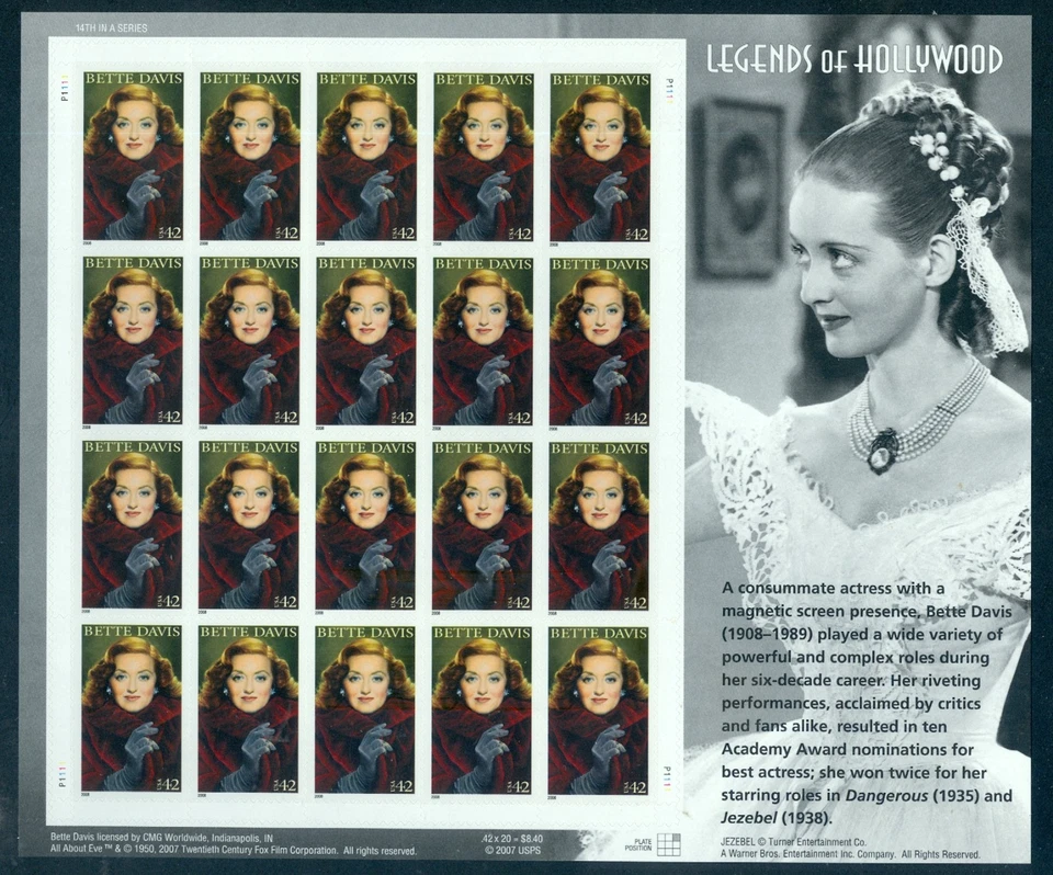 US 4350 Bette Davis, Legends of Hollywood, Complete Sheet/20, Mint NH - Image 1 of 1