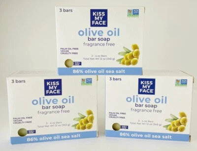 Упаковка из 9 батончиков оливкового масла Kiss My Face без запаха, 3 коробки по 3 батончика каждый - Изображение 1 из 4