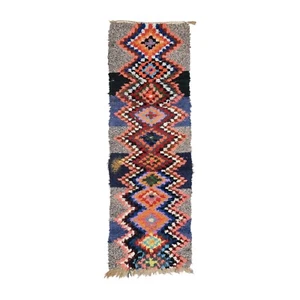 Moroccan Handmade Vintage Rug 2'6x7'7 Geometric Multicolor Cotton & Wool Carpet - Picture 1 of 12