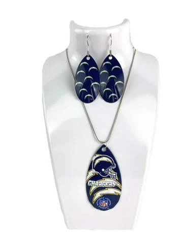 NFL Los Angeles Chargers Repeat Logo Teardrop Spinner Earrings &/ Necklace Set Cover