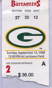 Green Bay Packers Tampa Bay Buccaneers 9/13/98 Ticket Stub...Brett Favre 2 TD's - Picture 1 of 1