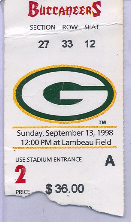 Green Bay Packers Tampa Bay Buccaneers 9/13/98 Ticket Stub...Brett Favre 2 TD's - Image 1 of 1