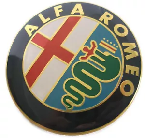 2 FREGI STEMMA ALFA ROMEO ORO LOGO 74mm COFANO ANTERIORE POSTERIORE EMBLEMA Gold - Picture 1 of 5
