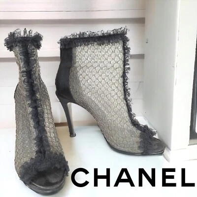 Botines CHANEL Negro Tronchotto Tul Malla Encaje Satinado Tacón CC Cristal Logo AUTÉNTICOS Foto 1 de 4