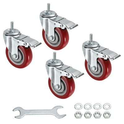 4" Schwenkbare Gewinde Stielrollen M10x25mm Gewinde mit Bremse Rot 4Stk - Bild 1 von 4