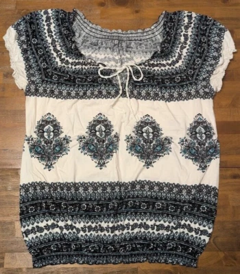 SONOMA LIFE+STYLE BOHO PEASANT SHIRT Women Petite Large PL Cream/Black/Teal EUC - Image 1 of 4