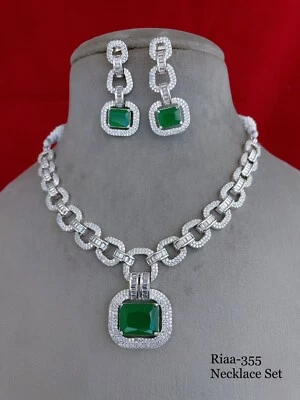 Indian Bollywood Silver Plated Ethnic AD CZ Jewelry Earrings Necklace Bridal Set - Image 1 of 2