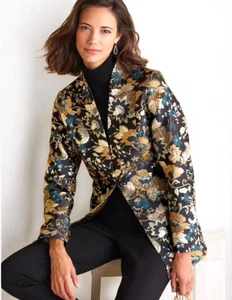 NWT Sz Medium Soft Surroundings Viola Jacquard Teal Gold Evening Blazer Jacket - Picture 1 of 18